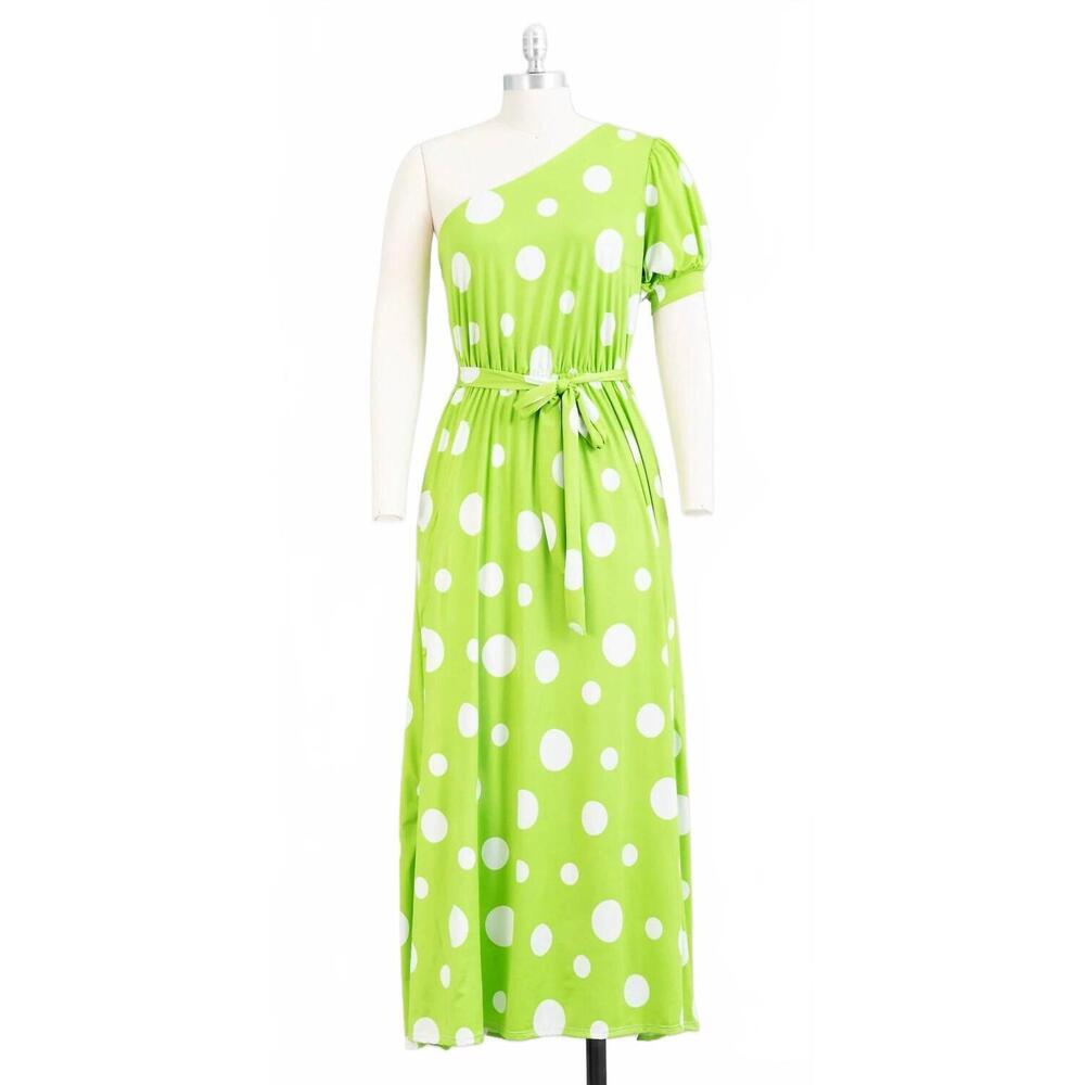 NEW KAREN T DESIGN women's belted one shoulder dress in yellow green